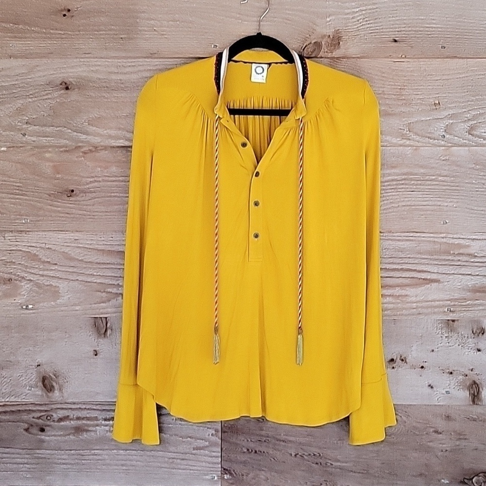 Akemi + Kin Size XSmall Mustard Long Sleeve Henley with Beaded Tassels